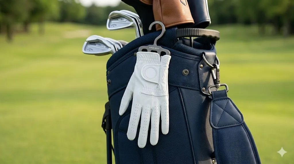 専用のグローブハンガーに装着して指先までピシッと形を整え、キャディバッグに下げられたゴルフグローブ