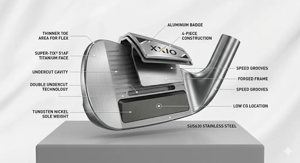 ゼクシオアイアンのヘッド断面図。チタンフェースとアンダーカットキャビティ、ソール部のタングステンウェイトによる低・深重心構造を示すコンセプト図。