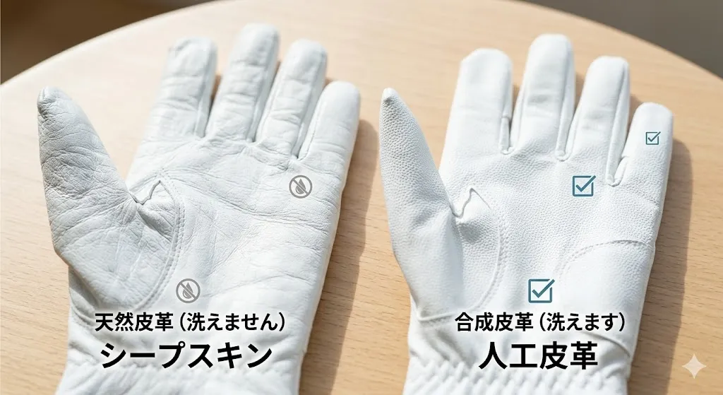 天然皮革と合成皮革のゴルフグローブの質感の違いと、水洗いの可否を示すアイコンの比較画像