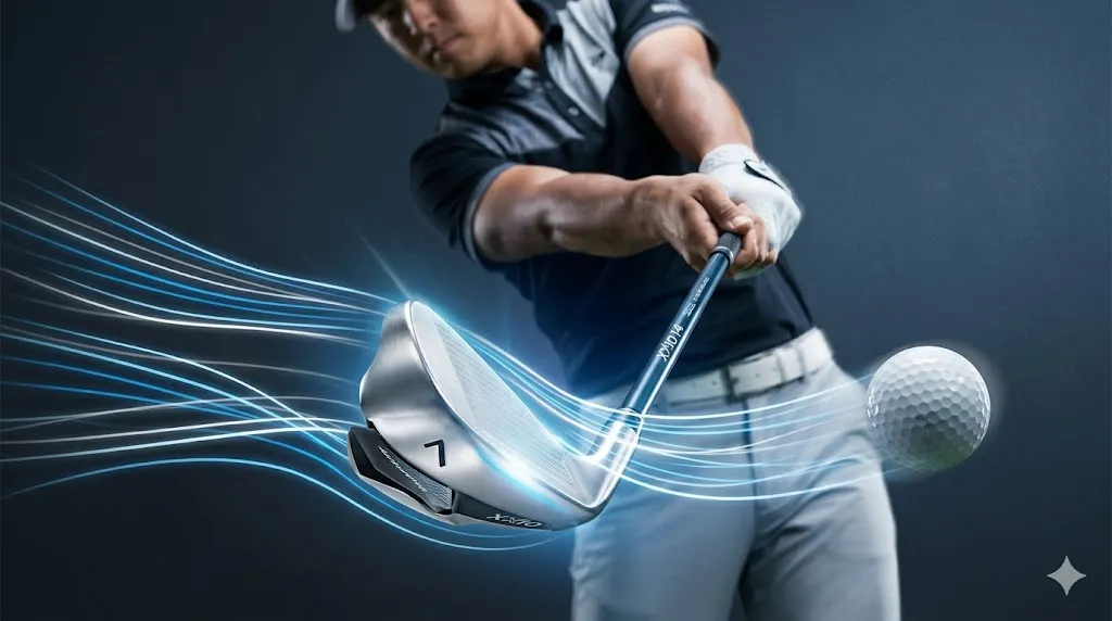 最新のゼクシオ14アイアンを振るゴルファー。VR-チタンフェースと進化したActivWing、ULTiFLEXによる高初速と圧倒的な飛びを表現するダイナミックなコンセプト図。