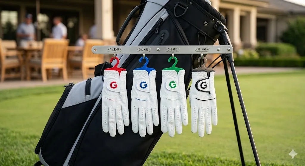 4枚の白いゴルフグローブが、ゴルフバッグのサイドポケットに掛かっている。それぞれのグローブハンガー(グローブキーパー)にセットされている。