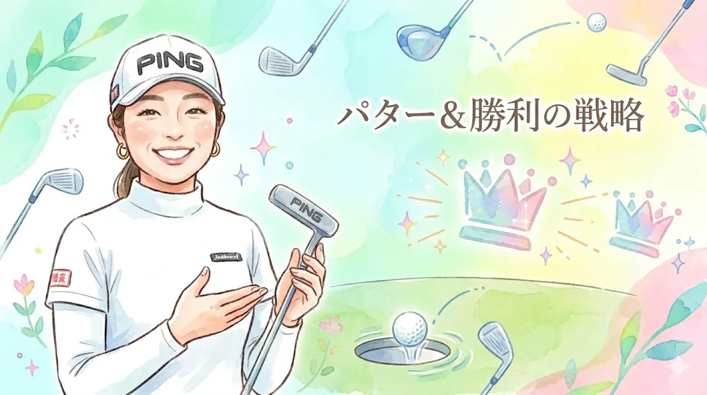 水彩画タッチで描かれた佐久間朱莉選手が、パターを手に、ボールがカップに吸い込まれるのを見つめて勝利の笑顔を浮かべている。背景はパステル調で、大きな王冠のアイコンがあり、上部に「パター＆勝利の戦略」と書かれている。
