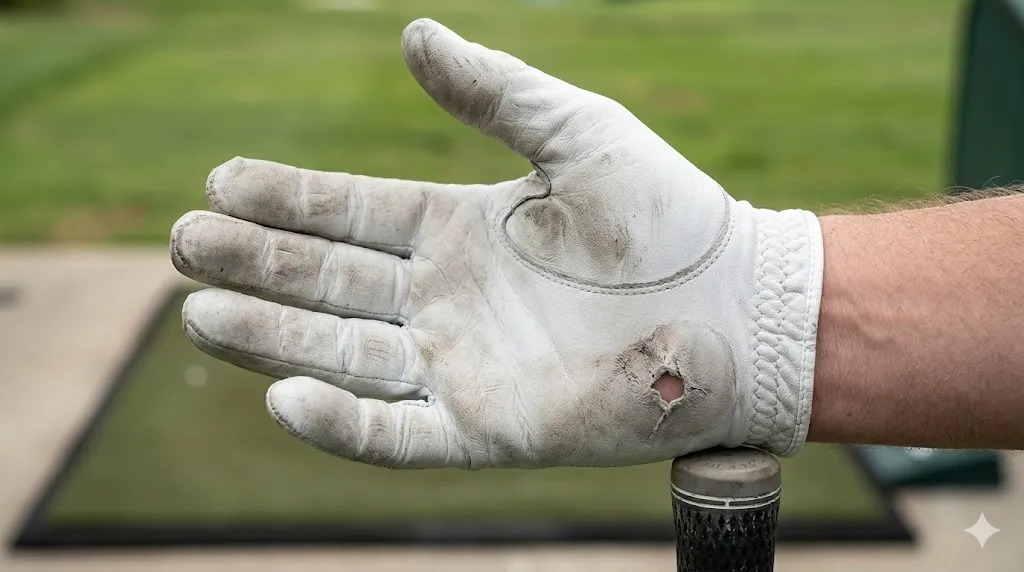 右利きゴルファーの左手グローブの手のひら(ヒールパッド)が擦り切れているクローズアップ。