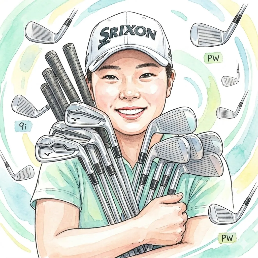 プロの女子ゴルファー、菅楓華さんが複数のゴルフクラブ(アイアン)を抱えている水彩画風のイラストです。彼女は白い「Srixon」と書かれたキャップを被り、笑顔でカメラを見ています。背景には、渦巻くようなパステルカラーの水彩のテクスチャが広がっており、その中には複数のアイアンヘッドが描かれています。それぞれのアイアンヘッドには「PW」や「9i」といった番手を示す小さなラベルが添えられています。全体的に、彼女がアイアンセットを愛用している様子や、アイアンの種類が豊富であることを表現しているイラストです。