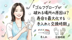 「ゴルフグローブが破れる場所の原因は？ 寿命を最大化する手入れと交換時期」という日本語のタイトルテキストが入った、水彩画風のアイキャッチイラスト。 左側には、黒髪ボブで水色と白のトップスを着た笑顔の女性が立ち、左手に着用した白いゴルフグローブのひらの部分（破れやすい場所）を右手の人差指で指さしています。 右側には、黒い文字で「『ゴルフグローブが破れる場所の原因は？』」とその下に緑と黒の文字で「寿命を最大化する手入れと交換時期」と書かれています。 タイトルテキストの下には、小さなイラストと文字があります。中央下には「手入れ」の文字と、その上にチェックリストとカレンダーのアイコン、右下には「交換時期」の文字と、その上に新しい白いグローブと使い込まれて茶色く摩耗したグローブのイラストが並んでいます。 背景は明るいパステルカラーの水彩模様で、ゴルフボール、ゴルフクラブ、矢印、葉っぱなどの小さなアイコンが散りばめられています。