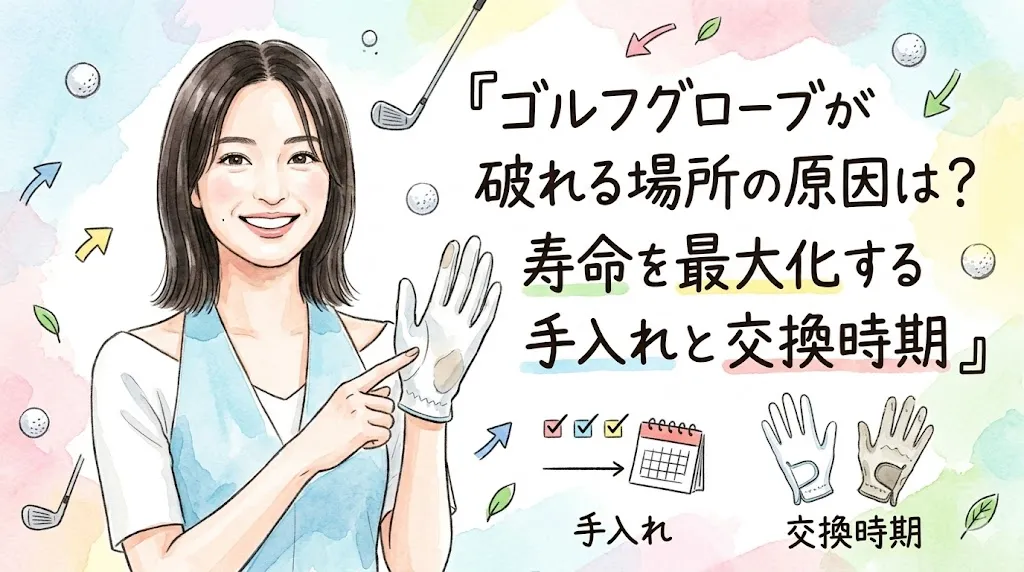 「ゴルフグローブが破れる場所の原因は？ 寿命を最大化する手入れと交換時期」という日本語のタイトルテキストが入った、水彩画風のアイキャッチイラスト。 左側には、黒髪ボブで水色と白のトップスを着た笑顔の女性が立ち、左手に着用した白いゴルフグローブのひらの部分（破れやすい場所）を右手の人差指で指さしています。 右側には、黒い文字で「『ゴルフグローブが破れる場所の原因は？』」とその下に緑と黒の文字で「寿命を最大化する手入れと交換時期」と書かれています。 タイトルテキストの下には、小さなイラストと文字があります。中央下には「手入れ」の文字と、その上にチェックリストとカレンダーのアイコン、右下には「交換時期」の文字と、その上に新しい白いグローブと使い込まれて茶色く摩耗したグローブのイラストが並んでいます。 背景は明るいパステルカラーの水彩模様で、ゴルフボール、ゴルフクラブ、矢印、葉っぱなどの小さなアイコンが散りばめられています。