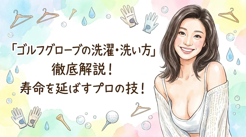 Gemini の回答 「ゴルフグローブの洗濯・洗い方徹底解説！寿命を延ばすプロの技！」というタイトルの、水彩画風の横長アイキャッチイラスト。右側には、黒髪で白いニットカーディガンを羽織った女性が明るく微笑んでいる。左側には、日本語のタイトルテキストが配置されており、背景にはゴルフグローブ、ゴルフボール、ハンガー、水滴、シャボン玉などのアイテムがパステルカラーの水彩画グラデーションの上に散りばめられている。
