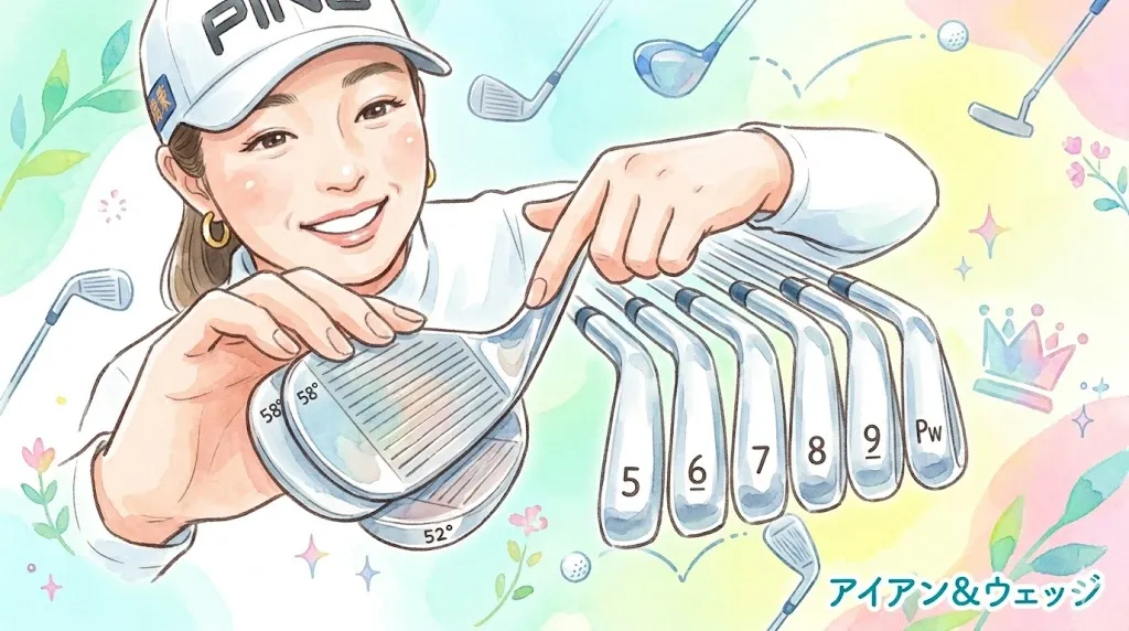 水彩画タッチで描かれた佐久間朱莉選手の手元と、並べられたアイアン、ウェッジのセット。パステル調の背景に、クラブや王冠のアイコンがあり、右下に「アイアン＆ウェッジ」と書かれている。