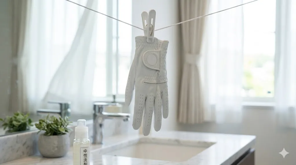 直射日光による劣化を防ぐため、風通しの良い室内でクリップに吊るして陰干しされるゴルフグローブ