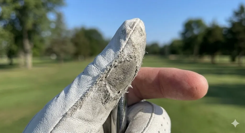 右利きゴルファーの左手グローブの親指の腹が擦れ、薄くなっているクローズアップ。