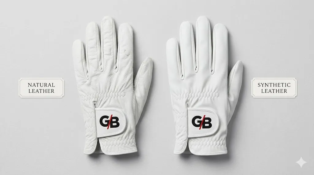 2枚のグローブが並んでいる。1枚は天然皮革(しっとり、柔らかい)、もう1枚は人工皮革(少し厚手、マット)。