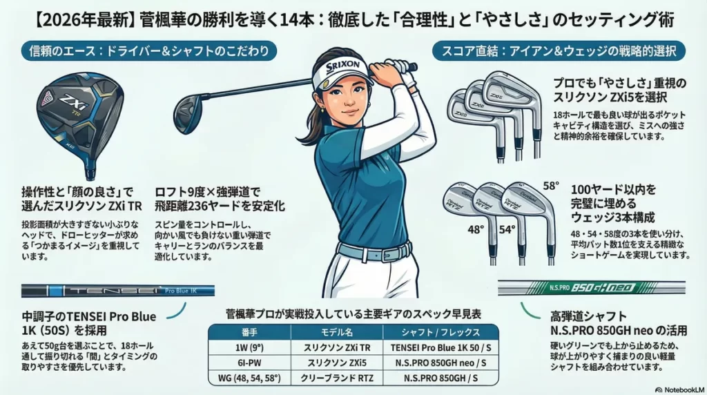 2026年最新、菅楓華プロのクラブセッティング紹介インフォグラフィック。ドライバー(スリクソン ZXi TR)、アイアン(スリクソン ZXi5)、ウェッジ3本(クリーブランド RTX)のスペックや、シャフト(TENSEI Pro Blue 1K、N.S.PRO 850GH neo)の選択理由が解説されています。