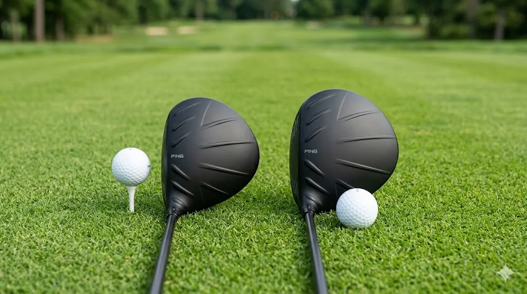 PING G400ドライバー（左・445cc）とG400MAXドライバー（右・460cc）のヘッド体積と形状を構えた視点（アドレス）で比較した画像。MAXの方が一回り大きく安心感がある。