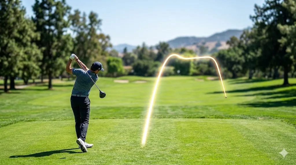 TSR2ドライバーで打たれたボールが、低スピンのため途中で失速してお辞儀するように落下する「ドロップ現象」の弾道イメージ