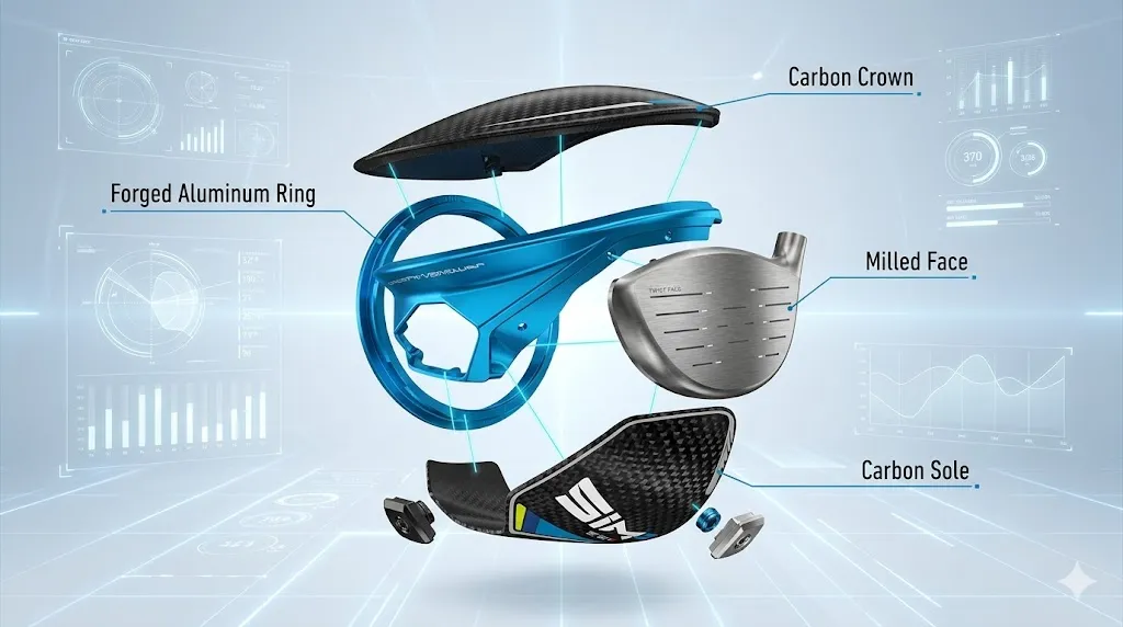 文章だけでは理解しづらい、アルミリング、チタンフェース、カーボンクラウン/ソールの「異素材の連結」構造を視覚的に分解して示す。