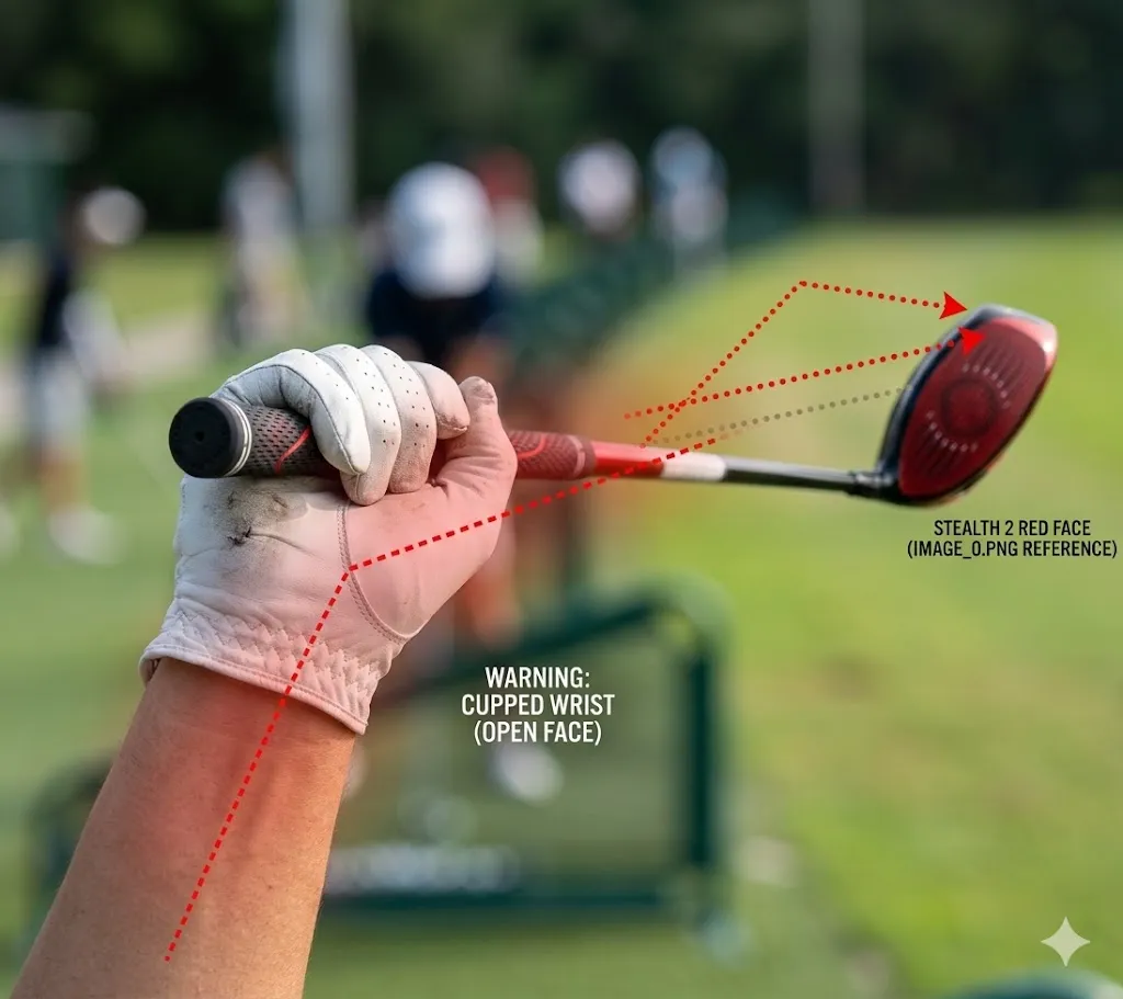 記事で解説されている「左手首の背屈（カッピング）」がフェースを開かせる原因であることを視覚的に伝える画像。