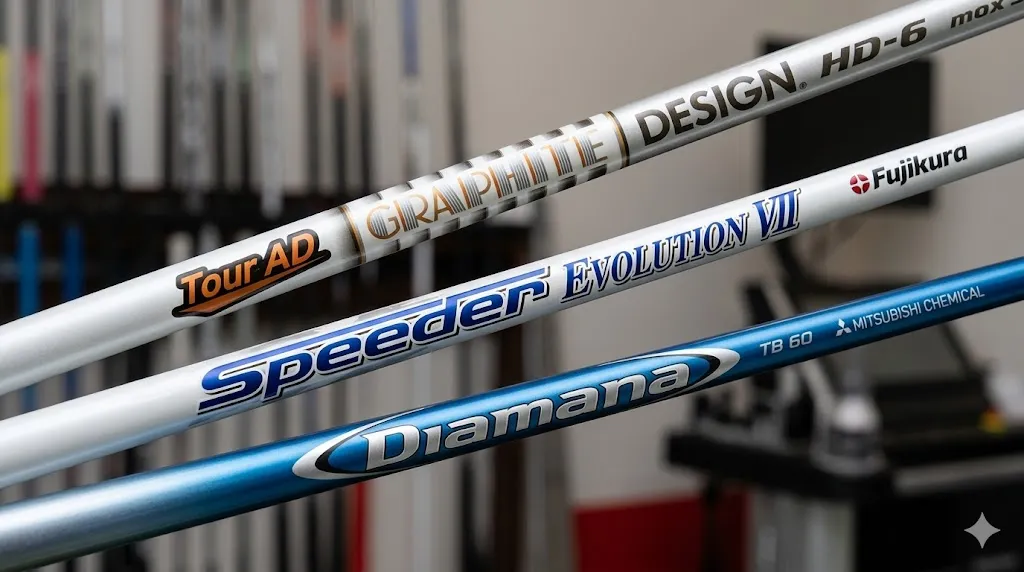 3本のカスタムシャフト(Tour AD HD, Speeder Evo VII, Diamana TB)のロゴをクローズアップし、プロフェッショナルなフィッティングの雰囲気を伝える。