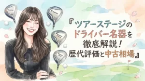 黒いリブニットのオフショルダートップスを着て、満面の笑みを浮かべる女性の水彩画風手書きイラスト。女性の右側に、日本語テキストで『ツアーステージのドライバー名器を徹底解説！歴代評価と中古相場』と大きく書かれている。背景は爽やかなパステルカラーのゴルフコースと空で、浮かぶツアーステージのドライバーとゴルフボール、桜の花びらが描かれている。