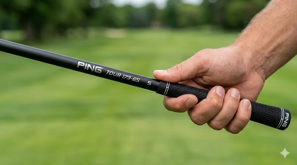 G400MAXドライバーに装着されたPING純正シャフト「PING TOUR 173-65」のロゴ部分のクローズアップ。マットブラックの質感とシルバーの刻印が特徴。