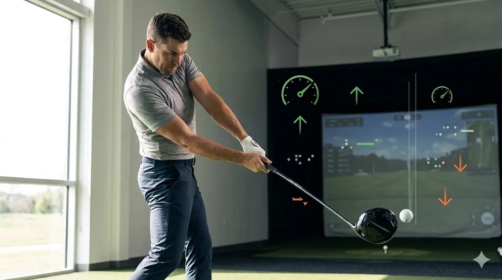 インドア練習場でTSR2ドライバーをインパクトする瞬間のゴルファーと、背後に浮かぶヘッドスピード計測のイメージ図