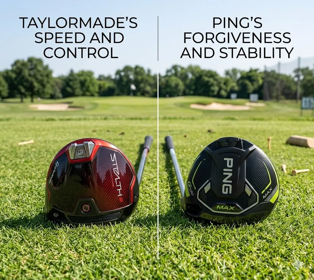 ステルス2とライバルであるPING G430 MAXの性格の違い（直進安定性 vs. 初速・操作性）を比較する画像。