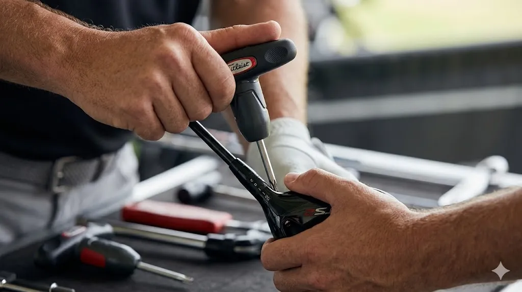 専用レンチを使用してタイトリストTSR2ドライバーのSureFitホーゼル（カチャカチャ）を回し、ロフト角を調整する手元のアップ