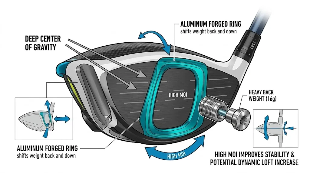 SIM2ドライバーヘッドの構造分解図。特に「アルミニウム・フォージド・リング」（エメラルドブルー）と「ヘビーバックウェイト」の位置関係と、MOI（慣性モーメント）の向上を示すグラフィック要素。