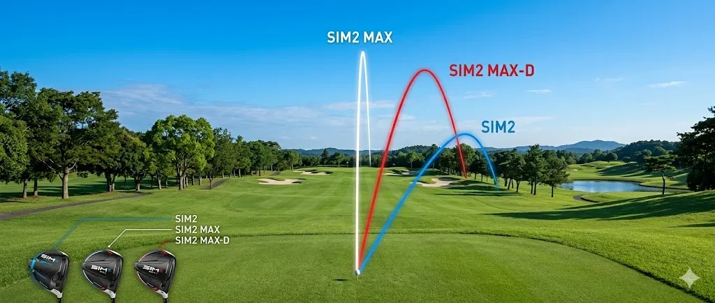 記事で解説されている「操作性のSIM2(ストレート/フェード)」「直進性のMAX(ストレートストレート)」「つかまりのMAX-D(ドロー)」の弾道イメージを、ゴルフコースを背景に可視化する。
