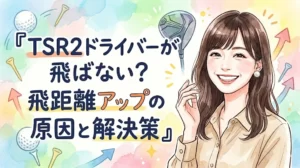 『TSR2ドライバーが飛ばない？飛距離アップの原因と解決策』という大きなテキストが中央に配置された、ゴルフブログのアイキャッチイラスト。右側には、茶色のシャツを着て真珠のイヤリングをした笑顔の日本人女性が描かれている。背景はパステルカラーの水彩画風で、ゴルフドライバー、ゴルフボール、ゴルフティー、上向きの矢印が散りばめられ、飛距離アップへの期待感を高めている。