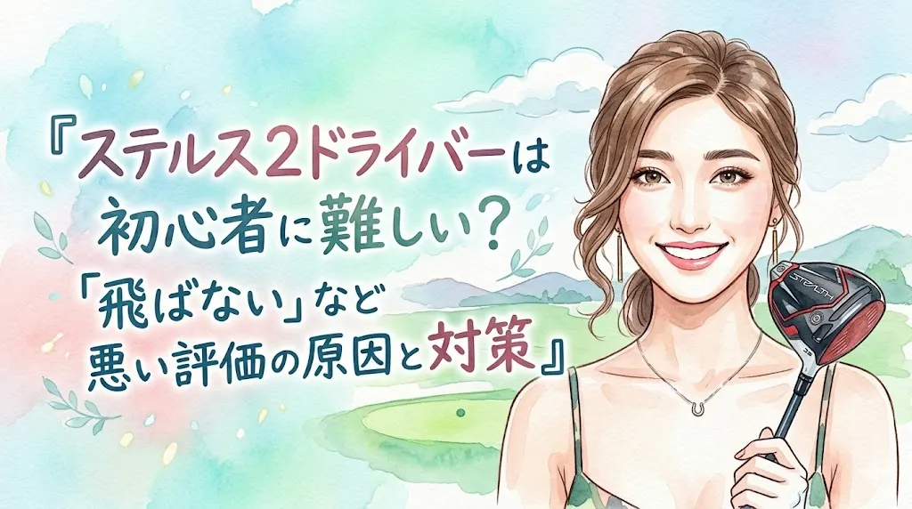 明るいパステル調の水彩画イラスト。横長レイアウト。右側に、明るく優しい笑顔の女性（緩いアップヘア、棒状ピアス、馬蹄形ネックレス着用）のバストアップが配置され、彼女は右手にTaylorMade Stealth 2ドライバーを持っている。左側には、手書き風のカラフルな文字で『ステルス2ドライバーは初心者に難しい？「飛ばない」など悪い評価の原因と対策』と書かれている。背景は、青空、雲、ゴルフ場のグリーンが抽象的に描かれ、光の粒子や葉のモチーフが散りばめられた、爽やかで前向きな雰囲気である。