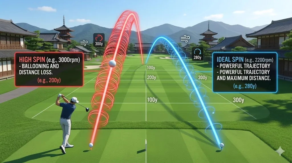 ゴルフボールの飛翔軌跡の比較。スピン過多で吹け上がる軌跡と、適正スピンの理想的な軌跡を、バックスピンの数値とともに視覚化。