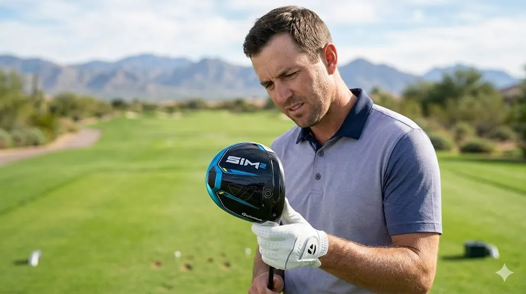 ゴルファーがSIM2ドライバーを持って、飛距離が出ないことに少し悩んでいる、または首をかしげている様子。