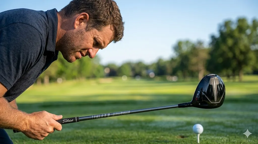 タイトリストTSR2ドライバーを手に、ティーアップされたボールを期待と不安が混ざった表情で見つめる男性ゴルファー