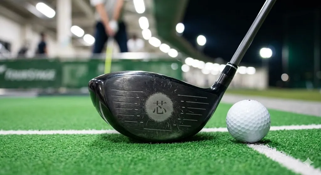 練習場で使い込まれた名器のフェースと、そこに残る確かな「芯(打点)」の跡。上達への道のりを象徴するカット。