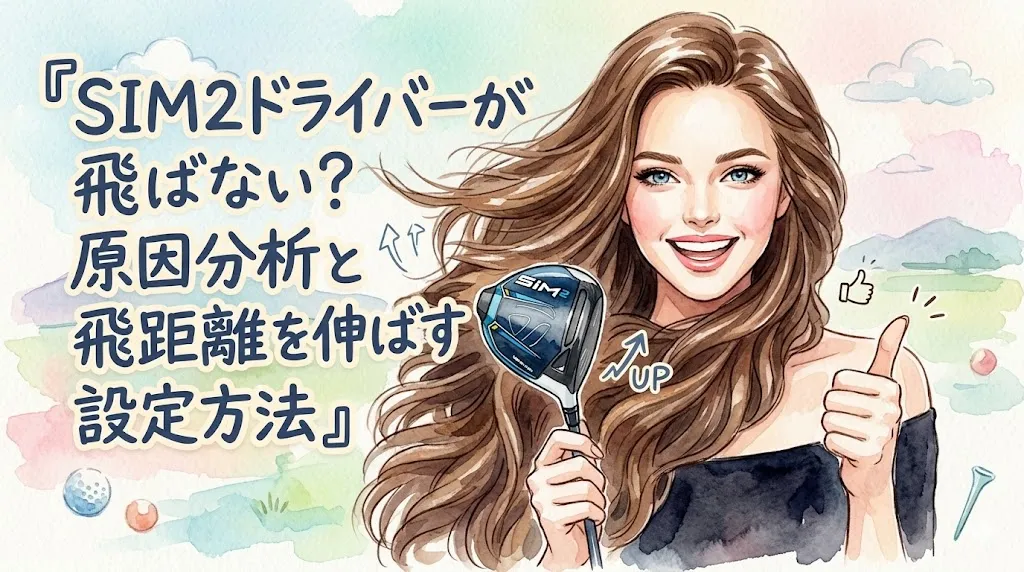 ゴルフブログのアイキャッチとして使用される、水彩画風のイラスト。中央には、笑顔でサムズアップ（いいね！）をする女性が描かれており、彼女の手には『SIM2 MAX-D』とソールに書かれたゴルフクラブのヘッドが握られている。女性の左側には、日本語で『SIM2ドライバーが飛ばない？原因分析と飛距離を伸ばす設定方法』という大きな記事タイトルが配置されている。背景は、パステル調で描かれた、雲、山、ティー、ゴルフボールのあるゴルフ場の風景。