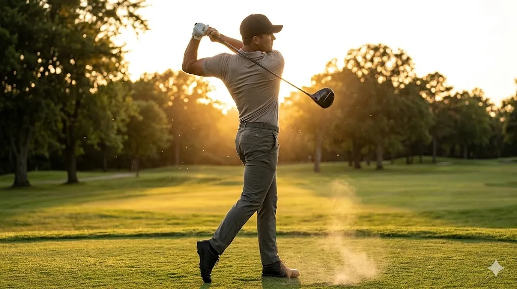 夕暮れのゴルフ場でTSR2ドライバーを豪快に振り抜き、理想的なボディターンによるフィニッシュを見せるゴルファー