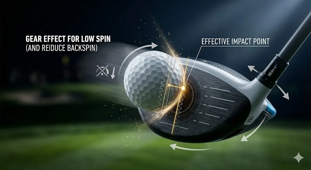 SIM2ドライバーのフェースの拡大図。ボールがフェース上部の「有効打点」に当たった瞬間と、ギア効果（縦ギア）によるスピン抑制を示すグラフィック要素。