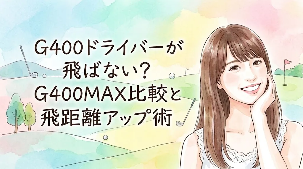 水彩画タッチで描かれた、優しい笑顔で頬に手を添える茶髪の女性と、パステルカラーの爽やかなゴルフ場を背景にした、記事タイトル「G400ドライバーが飛ばない？G400MAX比較と飛距離アップ術」が入ったアイキャッチイラスト。